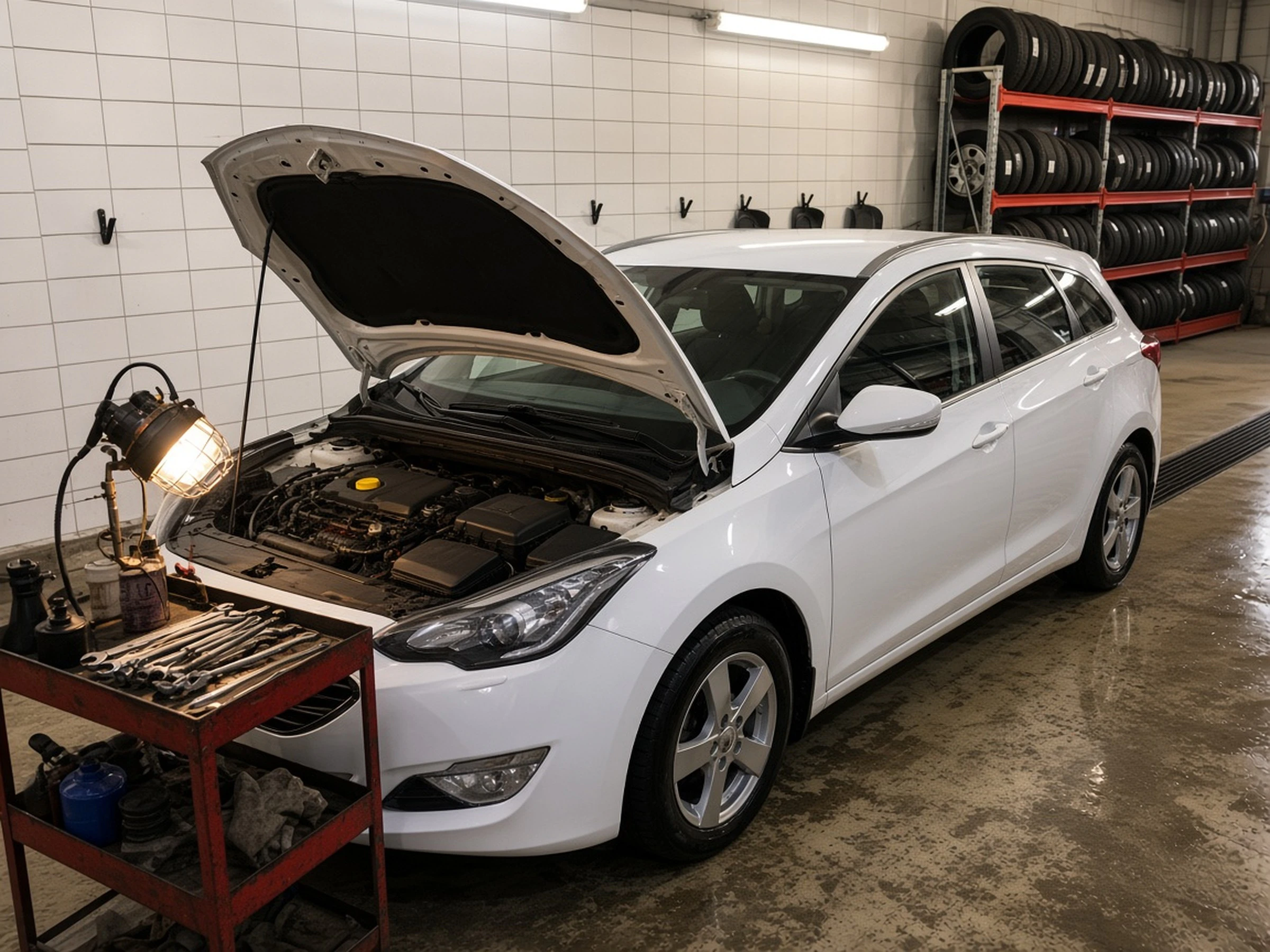 Vit kombi med öppen motorhuv under service hos AutoNew
