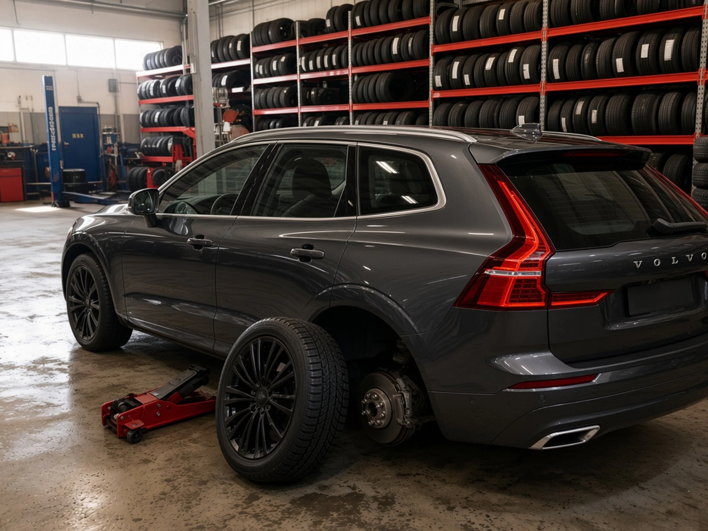 Grå Volvo under hjulbyte i AutoNews verkstad, med däckställ i bakgrunden