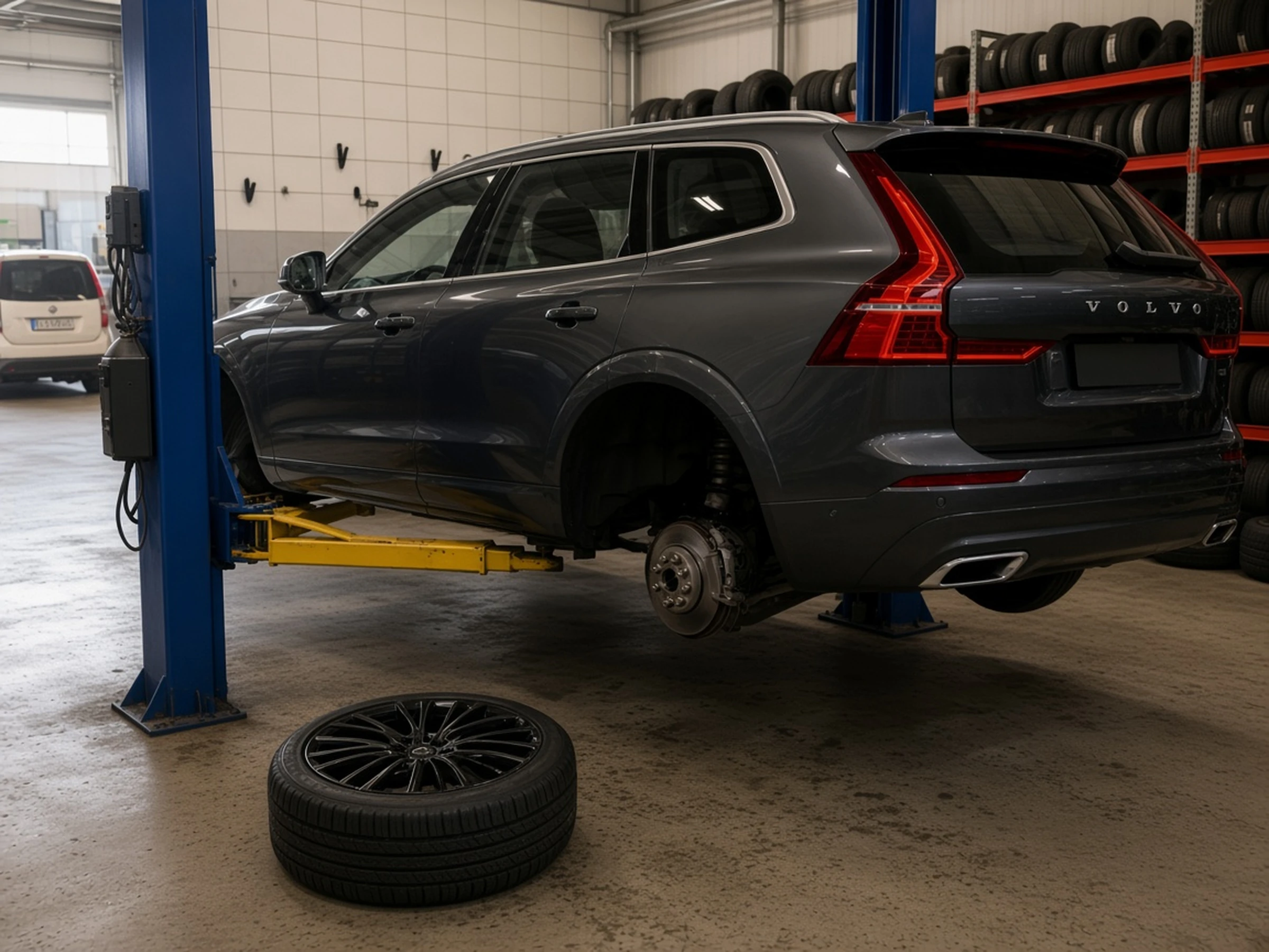 Grå Volvo på lyft under hjulbyte i AutoNews verkstad, med däckställ i bakgrunden